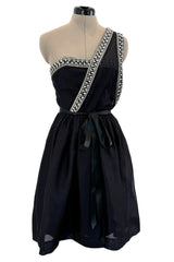 Incredible 1970s Givenchy Demi-Couture One Shoulder Silk Gazaar Dress w Rhinestones Edging