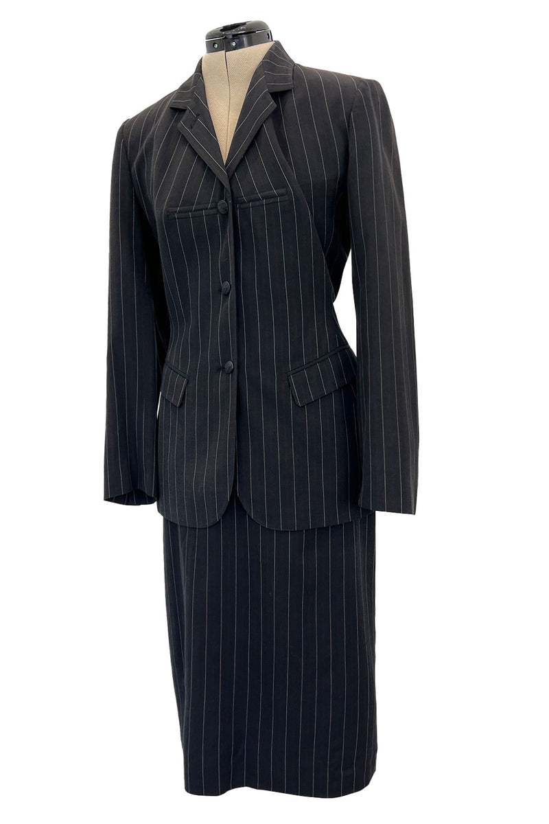 1990s Jean Paul Gaultier Pin Striped Mens Suiting Fabric Jacket & Skirt Set Suit