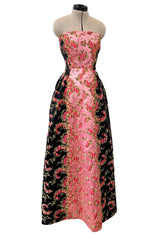 Dreamy 1960s Unlabeled Strapless Black Dress w Front Pink Panel & Floral Embroidery