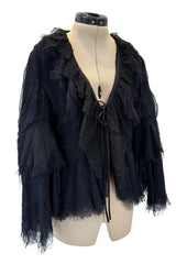 Pretty 2000s Christian Lacroix Bazar Black Silk Chiffon Top or Light Jacket w Lace Finishes