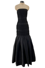Spring 1987 Yves Saint Laurent Grosgrain, Dotted Net & Silk Strapless Dress w Bows