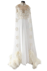 Spectacular 1960s Unlabeled Floor Length Feather Sleeve Silk Chiffon Dress w Gold Detailing