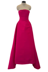 Gorgeous 1980s Oscar de la Renta Deep Fuchsia Pink Silk Strapless Silk Dress w Full Skirt