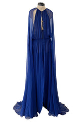 Exceptional Fall 2010 Emilio Pucci by Peter Dundas Look 42 Blue Silk Chiffon Caped Dress
