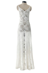 Romantic 1930s Unlabeled Intricate White Lace Unlined Dress w Flared Full Lower Skirting