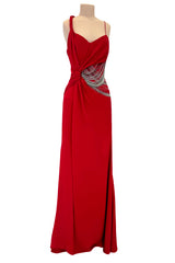 Fabulous 2000s Versace by Donatella Red Crepe Dress w Rhinestone & Silver Chain Detailing