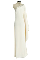 Beautiful 2000s Emilio Pucci Ivory Silk One Shoulder Caftan Dress w Gold & White Beaded Detail