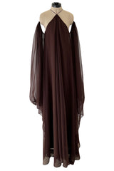 Extraordinary 1970s Yuki Brown Chiffon Caftan Dress w Open Shoulders & Incredible Sleeves