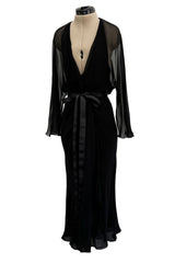 Minimalist Mid-1970s Halston Black Bias Cut Silk Chiffon Wrap Dress w Wide Sleeves