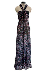 Sheer Fall 2024 Giorgio Armani Sample Deep Blue Net Dress w Embroidered Cotton Pink & Blue Flowers