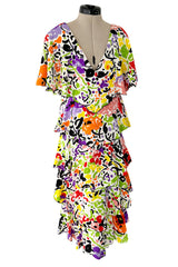 Prettiest 1970s Hollys Harp Bright Printed Silk Tiered V Front & Back Plunge Dress w Layered Tiers