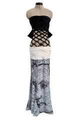 Fantastic Spring 2001 Jean Paul Gaultier Runway Multi Length Mesh Band Dress w Jersey Face Print Skirt