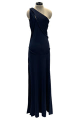 Minimalist 1990s Geoffrey Beene Deep Blue Silk Jersey One Shoulder Dress w Cut Out Details