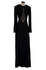 Cruise 2016 Yves Saint Laurent by Hedi Slimane Couture Black Dress w Mesh & Crystal Front