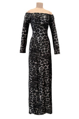 Iconic Fall 1989 Patrick Kelly Off Shoulder Silver Leopard Print Dress in a Soft Stretch Velour