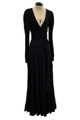 Incredibly Rare 1970s Holly’s Harp Bias Cut Black Jersey Dress w Crossed over Plunging Front