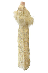 Fabulous 1950s Unlabeled Pearl, Bead & Feather Detailed Yellow Lace Dress w Matching Cape