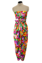 Prettiest 1980s Arnold Scaasi Strapless Metallic Finished Brilliant Floral Print Dress w Bow