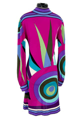 Bright 1960s Emilio Pucci Deep Fuchsia Pink & Primary Coloured Geometric Print Silk Jersey Dress