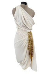 Spring 1990 Hubert de Givenchy Haute Couture Runway Ivory Silk Dress w Gold Metal Detailing