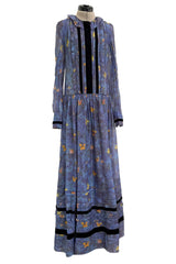 Prettiest 2000s Rochas by Olivier Theyskens Blue Silk Floral Watercolour Dress w Ruffles & Velvet Trim