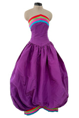 Fall 1982 Valentino by the Original Mr Valentino Purple Silk Strapless BubbleDress w Rainbow Detailing