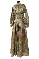 Gorgeous 1960s Unlabeled Gold Lurex Metallic Dress w Floral Print & Full Sleeves
