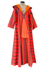 Incredible 1960s Josefa Striped Cotton Caftan Dress w Hood & Huge Orange Yarn Tassel Detailing