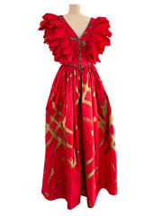 Rare Fall 1981 Fabrice Simon Couture Hand Painted Red & Gold Skirt & Top Dress Set