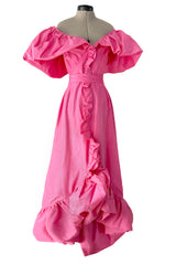 1980s Unlabeled Demi-Couture Pink Silk Dress w Ruffled Front & Caped Shoulders