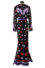 Rare Spring 1979 Chloe by Karl Lagerfeld Floral & Stripe Print Silk Dress w Matching Striped Belt
