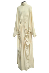 1970s Yuki by Gnyuki Torimaru for Rembrandt Ivory Jersey Caftan Dress W Gathered Front