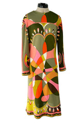 Fantastic 1960s Emilio Pucci Green Pink Coral & Orange Abstract Print Silk Jersey Dress