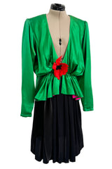 Incredible Spring 1990 Yves Saint Laurent Runway Brilliant Green Jacket w Pink Lining & Black Skirt Set