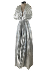 Exceptional 1970s Roland Klein Metallic Silver Lame Pleated Fan Dress w Completely Open Bare Back