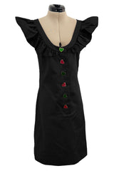 Spring 1992 Yves Saint Laurent Ad Campaign Black Dress w Green & Red Enamel Heart Buttons