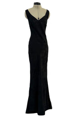 Amazing Spring 2002 John Galliano Black Bias Cut Logo Dress w Sweeping Back