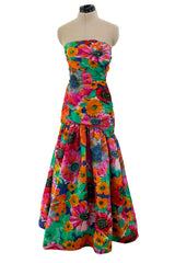 Prettiest Spring 1986 Arnold Scaasi Strapless Bright Floral Print Silk Dress