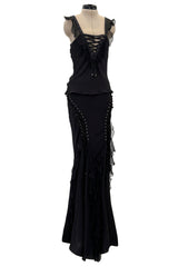 Spectacular Spring 2003 Christian Dior by John Galliano Bias Cut Black Silk Chiffon Lace Up Skirt & Top Set