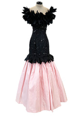 Rare 1986 Fabrice Simon Couture Off Shoulder Beaded Black Dress w Pastel Pink Lower Skirts
