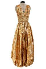 Incredible 1960s Unlabeled Gold Metallic Brocade Pouf Leg Jumpsuit w Gold Cord & Bead Detailing