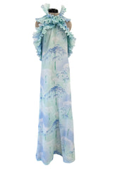 Dreamy Spring 1974 Lanvin by Jules-Francois Crahay Pale Blue Print Silk Chiffon Ruffle Dress