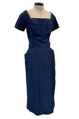 Prettiest 1950s Ceil Chapman Fitted Blue Dress w Hip Pockets & Pleated Bodice Detailing
