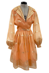 Prettiest 1960s Oscar De La Renta Peach Iridescent Silk Organza Dress w Gold Thread Detailing