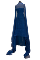 Prettiest Spring 1990 Oscar De La Renta Deep Sapphire Blue Silk Chiffon Strapless Dress w Matching Cape