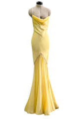Prettiest 1980s Bob Mackie Pale Pastel Yellow Chiffon Dress w Draped Neckline & Flowing Skirt