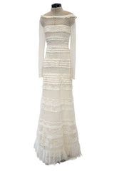 2012 Valentino by Pierpaolo Piccioli & Maria Grazia Chiuri Tiered Ivory Lace Net Dress w Sequin & Bead Detailing