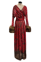 Incredible Fall 1979 Bill Blass Couture Red Silk Chiffon Dress w Gold Sequins & Mink Cuffs
