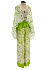Fantastic 1970s Pauline Trigere Two Piece Green Silk Chiffon Plunge Top & Wide Leg Pant Set