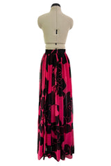 Multifunctional 1970s or 1980s Original Valentino Deep Pink & Black Printed Silk Chiffon Open Front Over Skirt